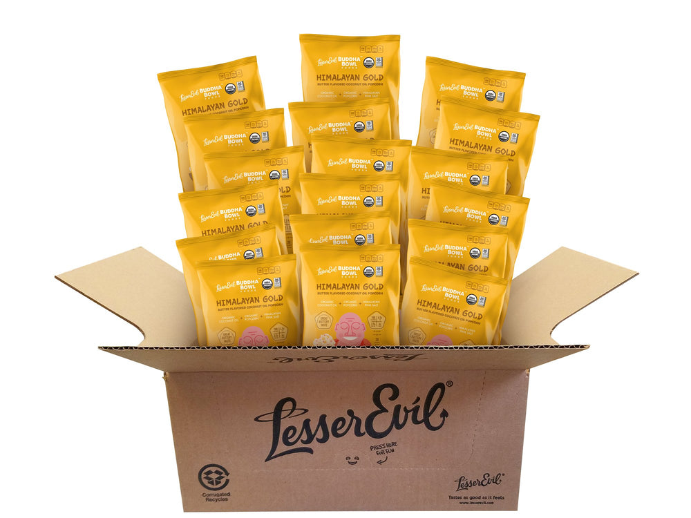 LesserEvil front packaging showing single-serve snack bags and clean ingredients for mindful snacking