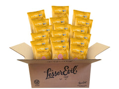 LesserEvil front packaging showing single-serve snack bags and clean ingredients for mindful snacking