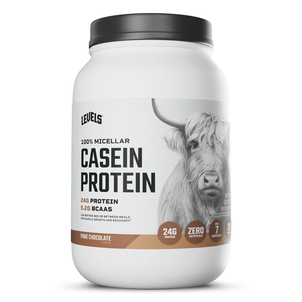 Levels Nutrition front packaging showing chocolate casein tub and benefits
