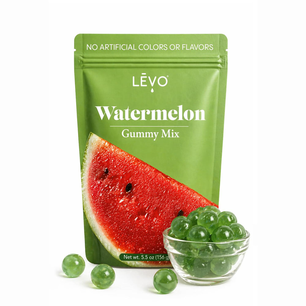LEVO watermelon mix front packaging shows flavor and yield, easy batch creation