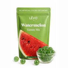 LEVO watermelon mix front packaging shows flavor and yield, easy batch creation