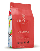 Lifeboost front packaging showing dark roast label and organic promise