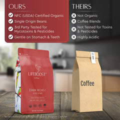 LIFEBOOST brewed cup on table in a kitchen lifestyle scene conveying smooth, low-acid enjoyment