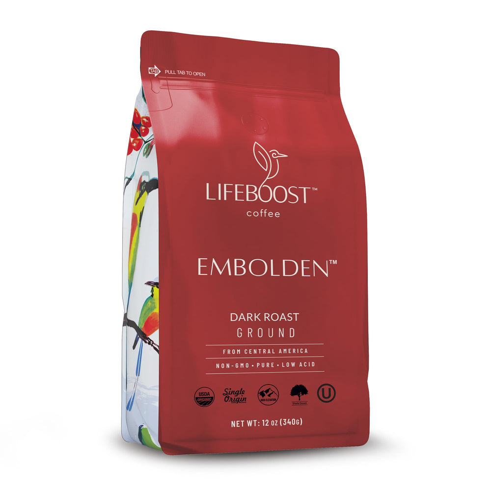 Lifeboost front packaging showing organic low-acid dark roast benefits