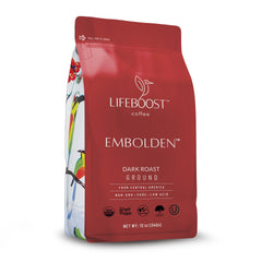 Lifeboost front packaging showing organic low-acid dark roast benefits