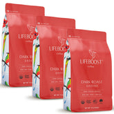 LIFEBOOST front packaging showing dark roast three-pack and clear branding benefit: premium organic coffee