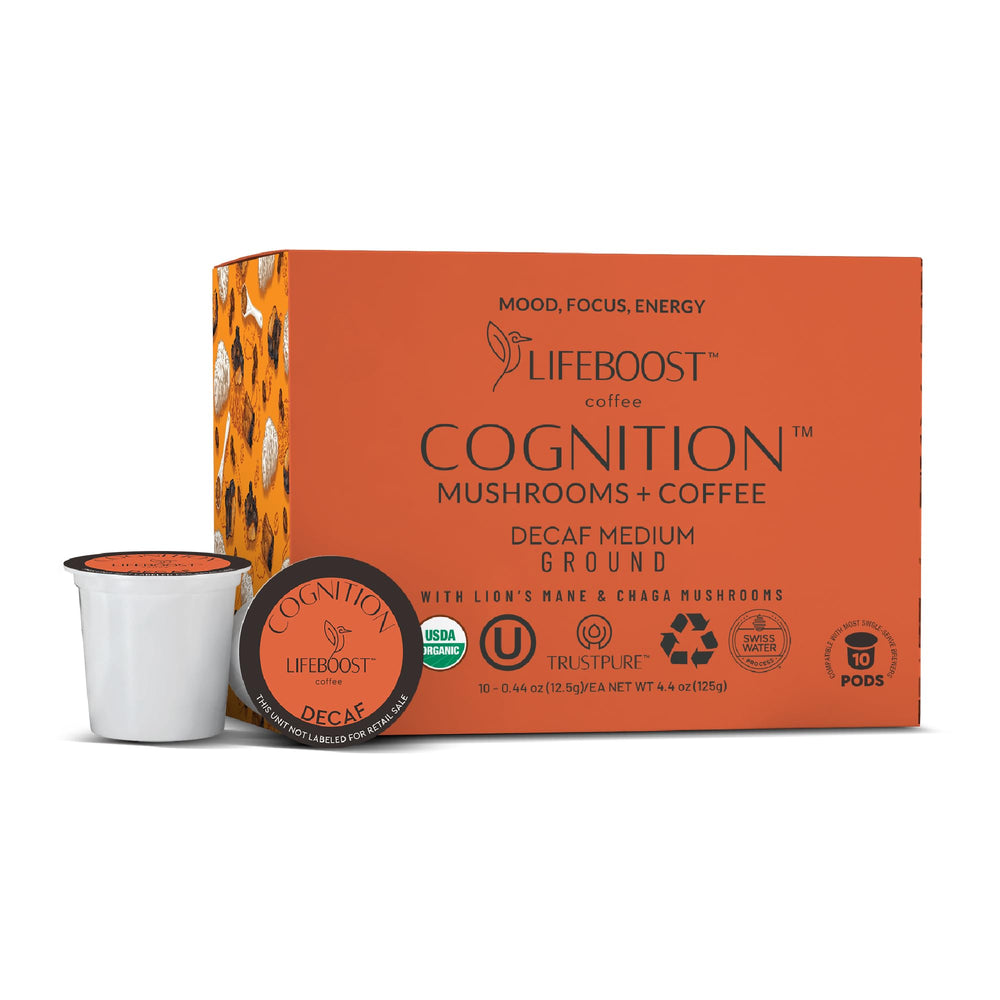 Lifeboost front packaging showing decaf cognition pods and benefits