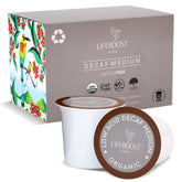LIFEBOOST front box of decaf K-Cups showing branding and benefits