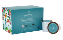 LIFEBOOST front packaging of 10-count K-Cups showing organic label and benefits