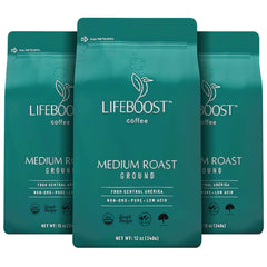 LIFEBOOST front packaging showing medium roast benefits and organic label