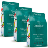 Lifeboost front packaging showing organic label and medium roast benefits