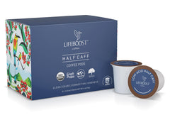 Lifeboost front packaging showing low-acid half caff pods and benefits