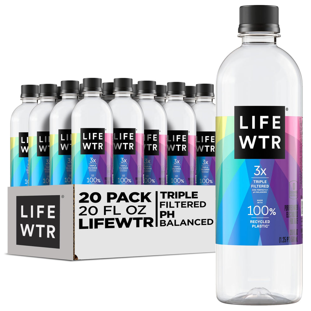 LIFEWTR front view of 20-pack showing recyclable rPET bottles and convenience