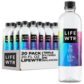 LIFEWTR front view of 20-pack showing recyclable rPET bottles and convenience