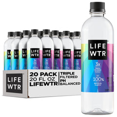LIFEWTR front view of 20-pack showing recyclable rPET bottles and convenience