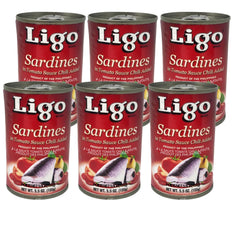 LIGO front packaging showing spicy sardines and tomato sauce, clear product view and benefit