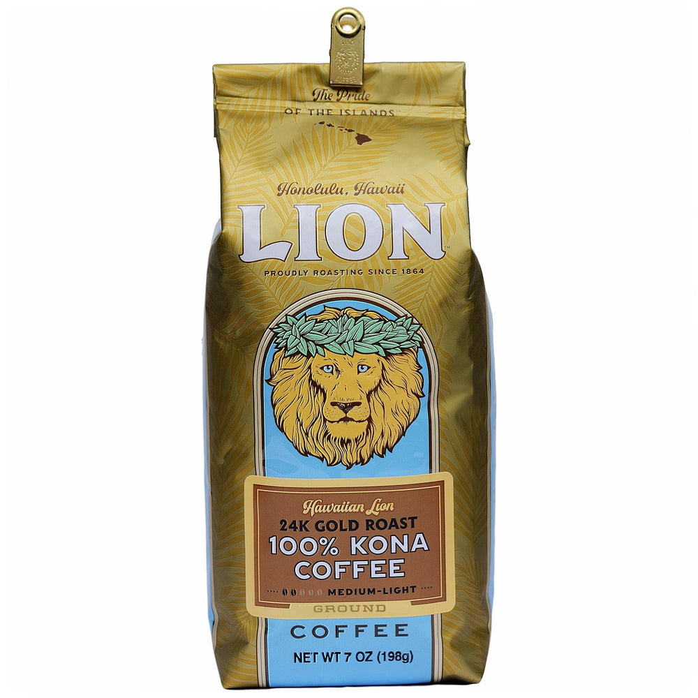 Lion Coffee front packaging showing 24K Gold Roast and Kona authenticity