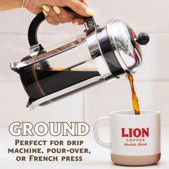 Lion Coffee ground coffee close-up showing texture and aroma appeal