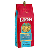 Lion Coffee front bag view showing toasted coconut label and island branding for aroma