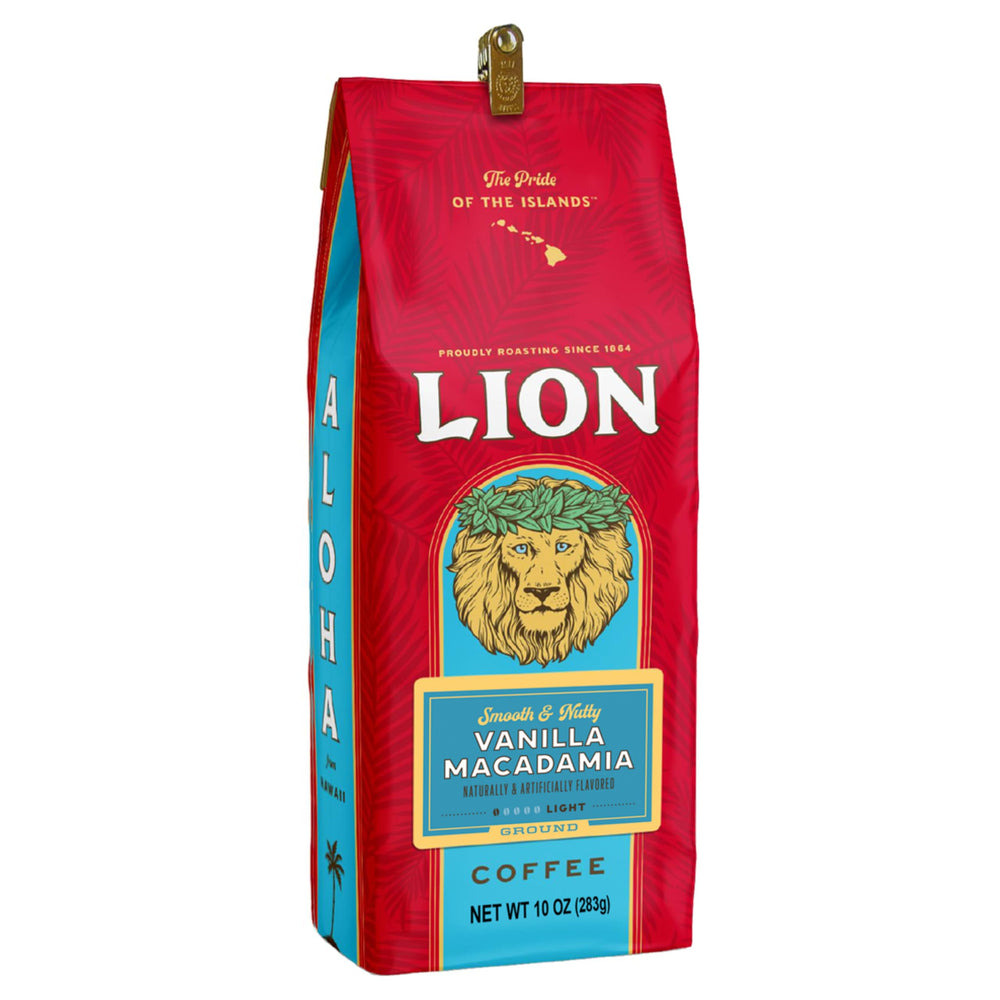 Lion Coffee front packaging showing 10 oz bag and island-inspired branding benefit aroma