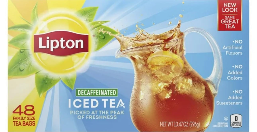 Lipton family-sized box front showing 48-count tea bags, clear packaging and recipe benefit