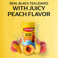 Lipton Black Tea Peach bag steeping in glass with peach flavor benefit