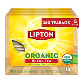 Lipton front packaging showing organic black tea and 360-count convenience