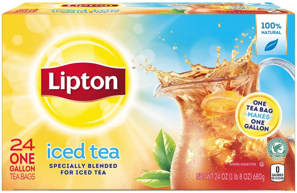 Lipton front packaging showing gallon tea bags and clear product branding benefits quick brewing