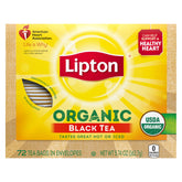 Lipton pack front showing organic black tea and 72 count for convenient brewing