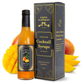 Liquid Alchemist bottle front view showing clear mango syrup and label, showcasing quality