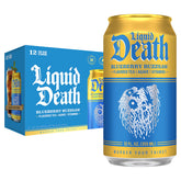 Liquid Death front can showing blueberry flavor and bold design, refreshing taste