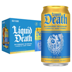 Liquid Death front can showing blueberry flavor and bold design, refreshing taste