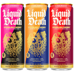Liquid Death can close-up of label and condensation, highlighting crisp texture and branding