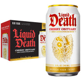 Liquid Death front can showing cherry obituary logo and bold packaging benefit refreshment