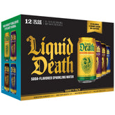 Liquid Death front pack showing four-flavor variety and low sugar benefit