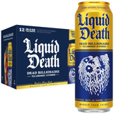 Liquid Death Dead Billionaire front can showing branding and bold design