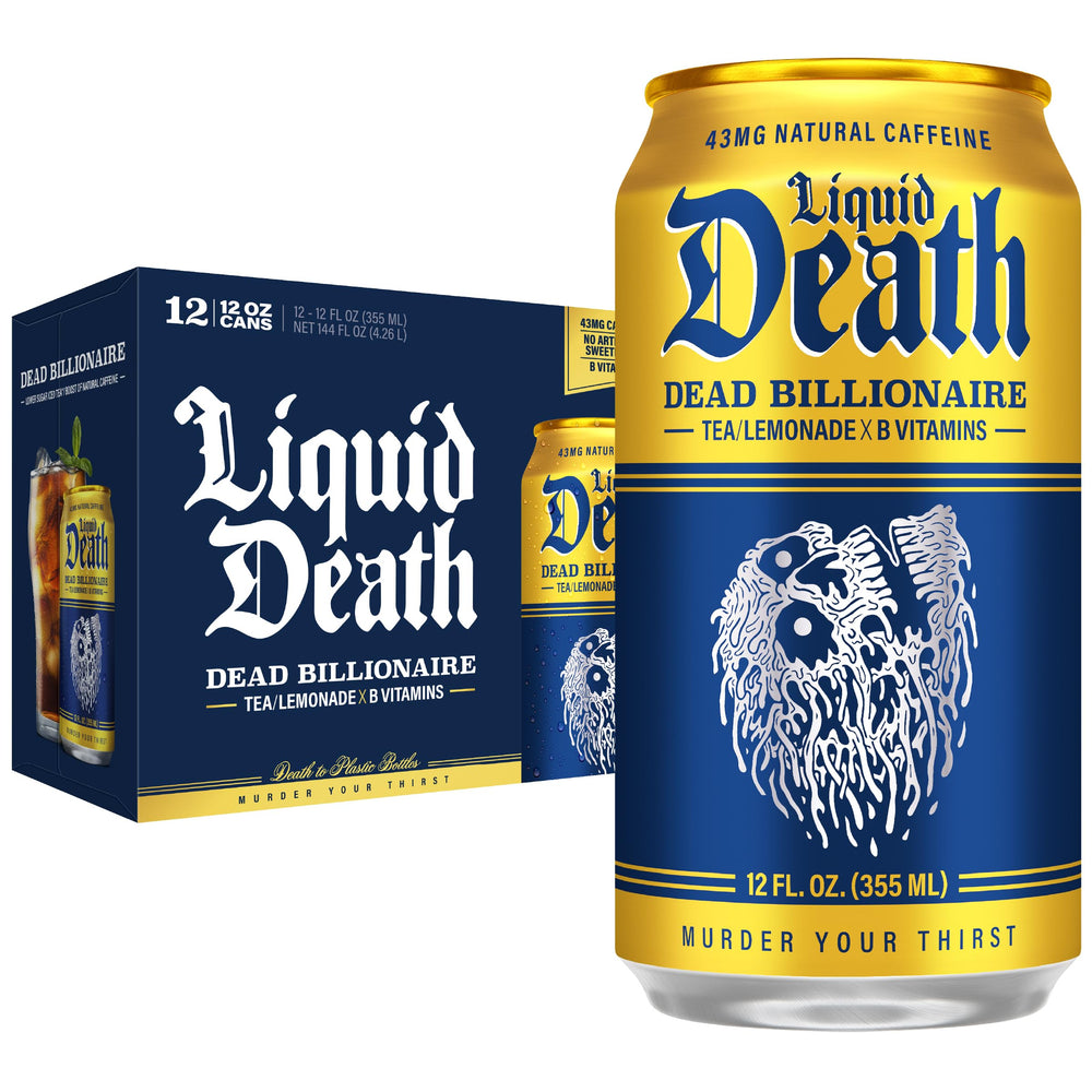 Liquid Death Dead Billionaire front can showing black tea lemonade branding and bold design