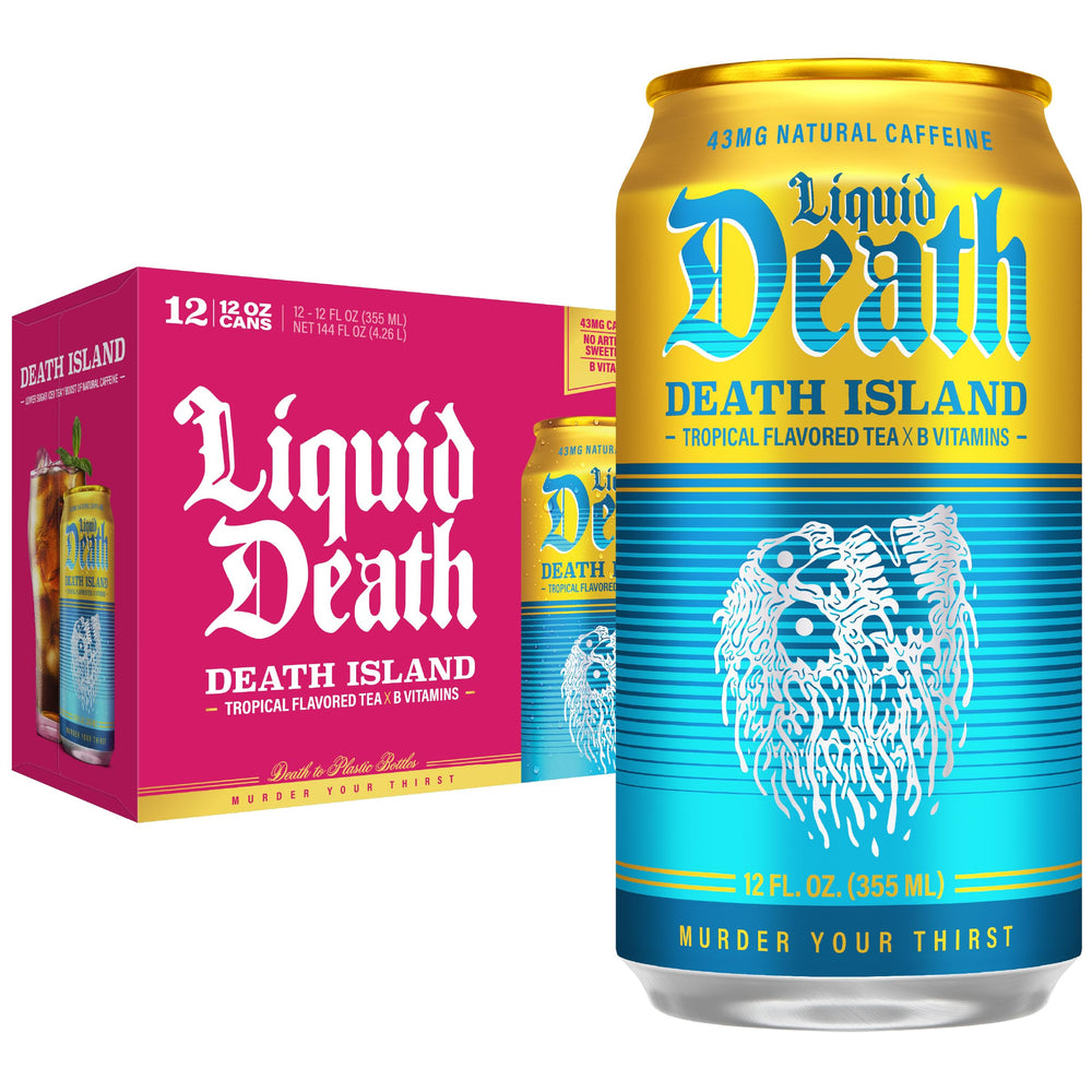 Liquid Death Death Island front can showing tropical label and low sugar benefit