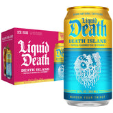 Liquid Death Death Island front can showing tropical label and low sugar benefit