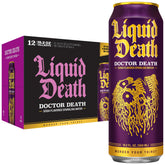 Liquid Death front can showing Doctor Death label and bold graphics, clear product identity and appeal