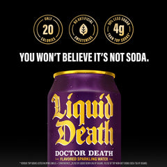 Liquid Death can in hand for size comparison, 19.2 fl oz scale shown to communicate single-serve value