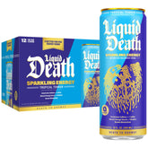 Liquid Death front can showing Tropical Terror artwork and ready-to-drink benefit