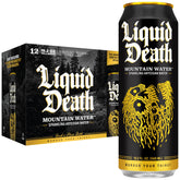 Liquid Death front packaging showing 19.2 fl oz king-size can and branding benefit recycling