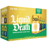 Liquid Death front packaging showing all four iced tea flavors and benefits