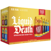 Liquid Death front packaging showing four flavored canned iced teas, clear product view and flavor variety