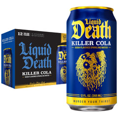 Liquid Death front packaging showing killer cola can and bold branding, appeals to soda lovers