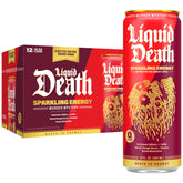 Liquid Death front can showing Murder Mystery cherry cream spice flavor and bold branding for visual appeal