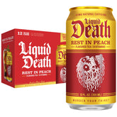 Liquid Death can front showing Rest In Peach label and bold design