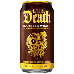 Liquid Death label close-up highlighting rootbeer artwork and flavor clarity benefit