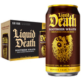 Liquid Death front can showing rootbeer flavor and bold branding benefit: soda-like taste